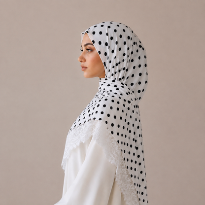 Voile Nour pois ivoire en modal, bordure dentelle, plié sur fond beige