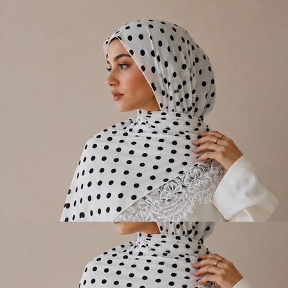 Voile Nour pois ivoire tenu à la main, détail de la dentelle